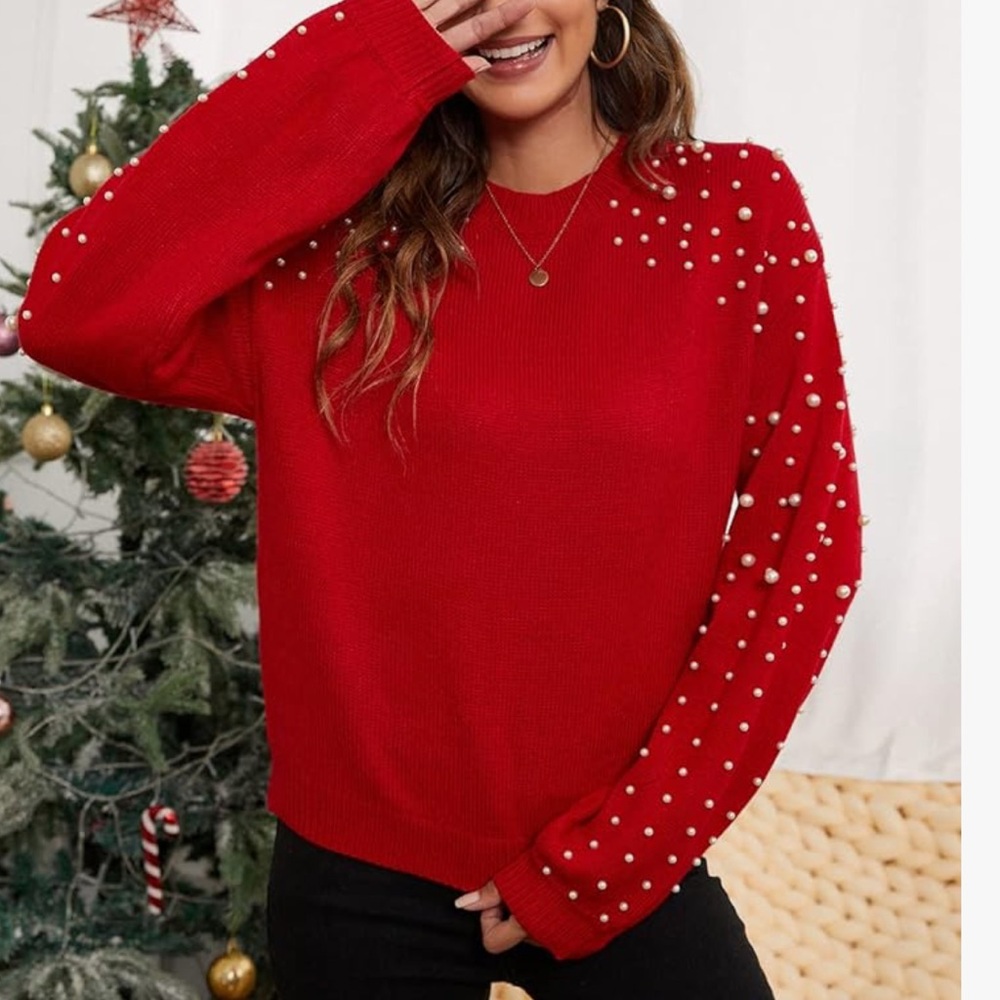 Chunky Sweater Crewneck Sweatshirt Knit Lantern Sleeve Pullover Sweater w Pearls
